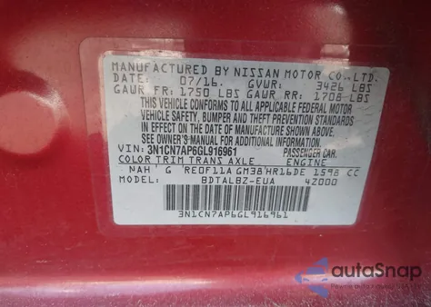 2016 Nissan Versa 1.6 Sv from USA, damaged, VIN 3N1CN7AP6GL916961